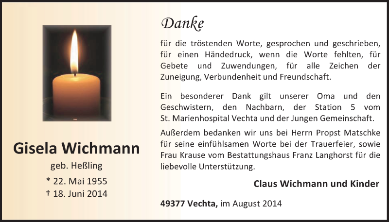  Traueranzeige für Gisela Wichmann vom 02.08.2014 aus OM-Medien